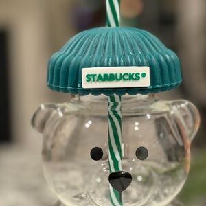 Starbucks Teal Lid Bear Glass with Striped Straw